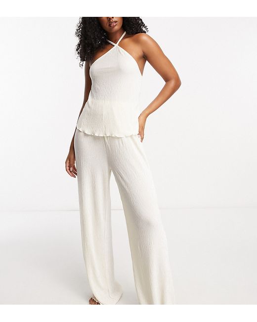 Loungeable crinkle velour halter and wide leg pants pajama set in ivory-