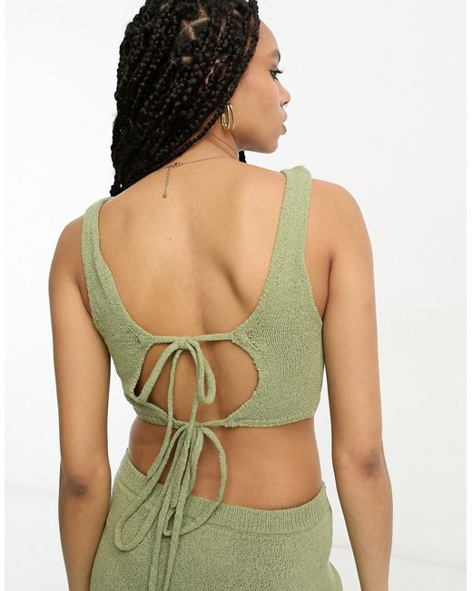 Asos Design knitted crop top with tie back in textured yarn khaki part of a set-
