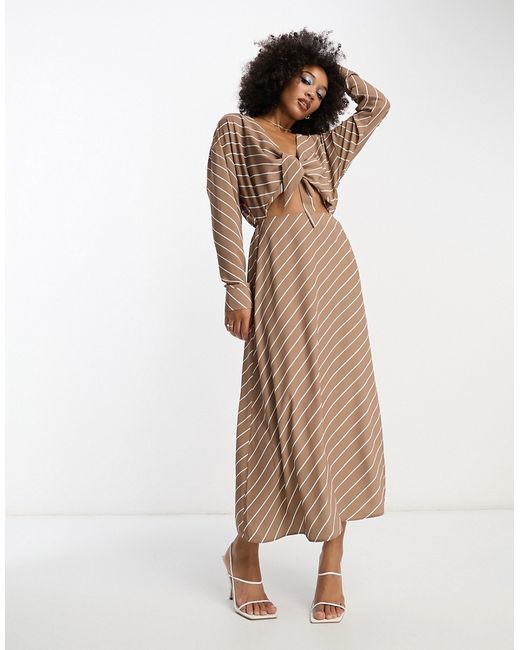 Asos Design cut out waist long sleeve midi dress in brown and white stripe-