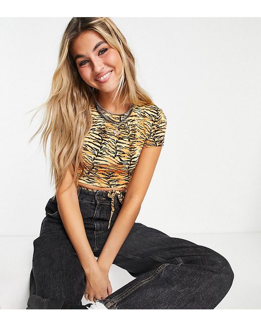 Noisy May exclusive lace up back crop t-shirt set in animal print-