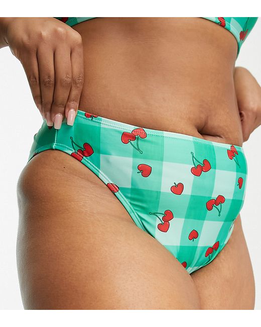 Brave Soul Plus high waist bikini bottom in light cherry check print