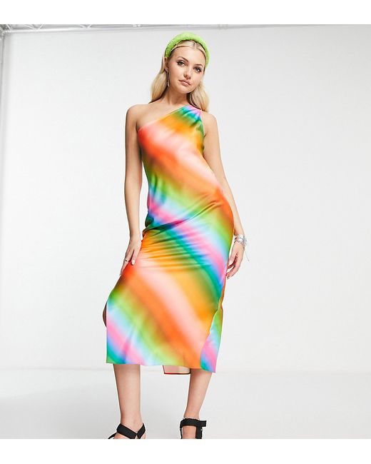 Collusion one shoulder ombre printed maxi slip dress in