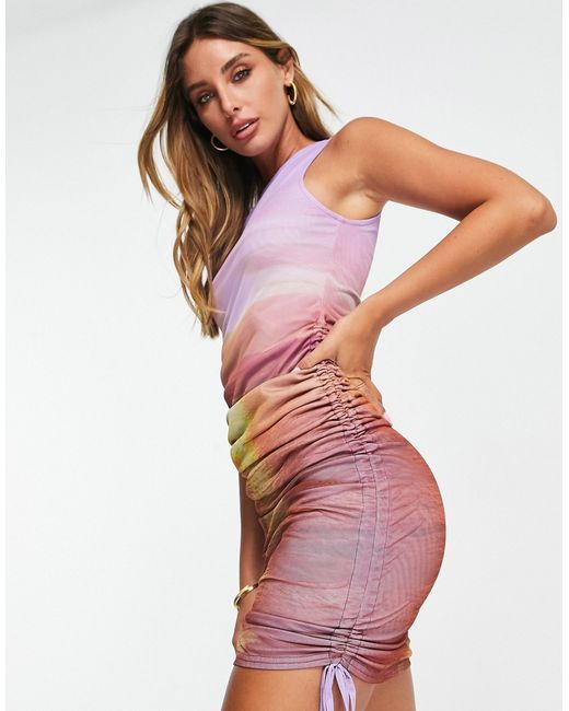Asos Design sleevless mesh mini dress with ruching detail in sunset print-