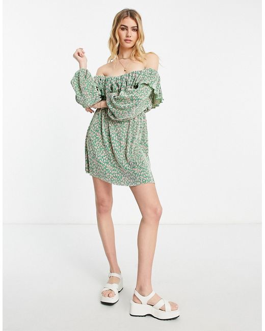 Asos Design plisse frill bardot mini dress with long sleeves in green and pink ditsy print-