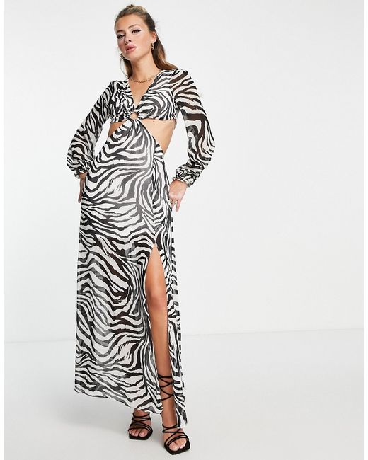 Miss Selfridge chiffon cut out maxi dress in mono zebra print-