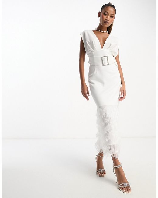 Asos Design square plunge faux feather hem midi dress with diamante belt in