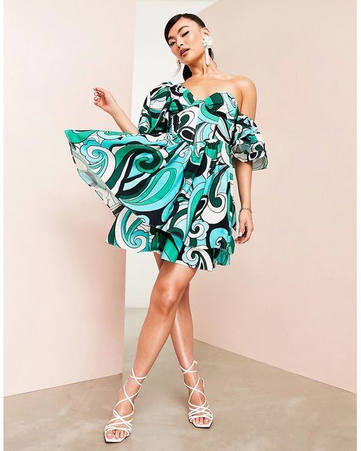 ASOS Luxe one shoulder dress with corset detail and ruffles in green swirl print-