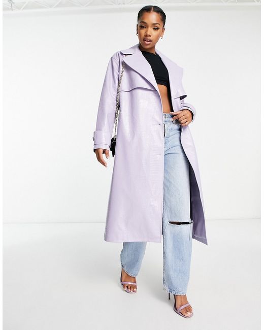 Miss Selfridge croc faux leather trench coat in lilac-