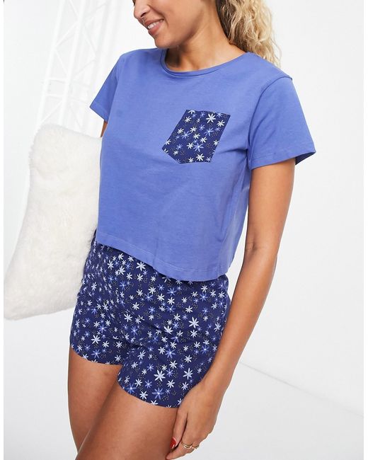Brave Soul contrast pocket short pajama set in mid blue and ditsy floral