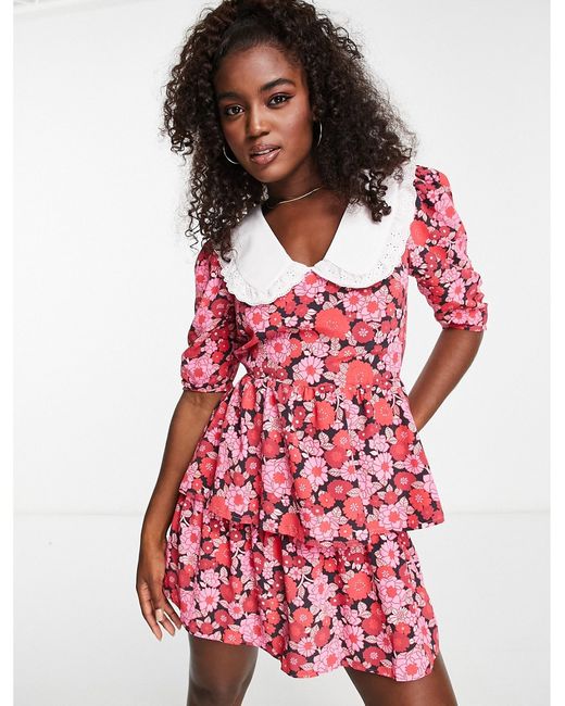 Miss Selfridge collared ruched sleeve tiered tea dress in pink floral-