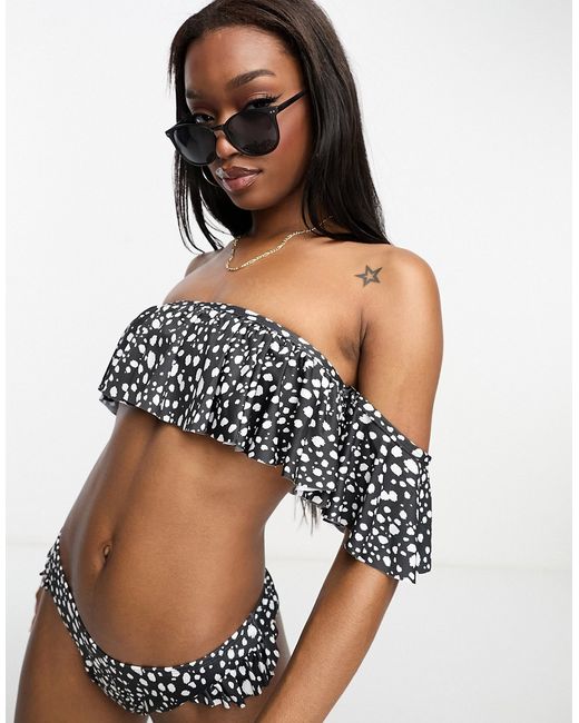 Asos Design mix and match off-shoulder frill bikini top with detachable sleeves in monochrome dot print-