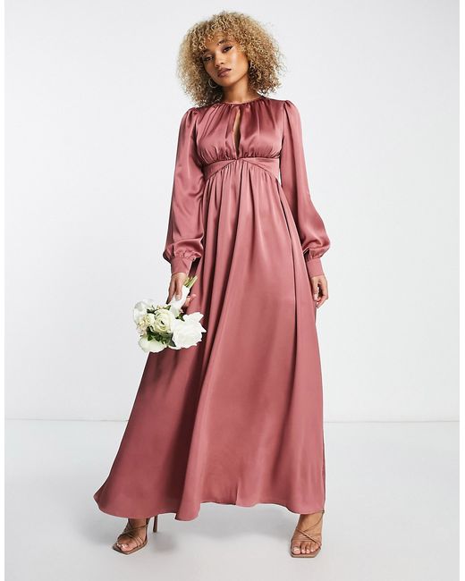 Liquorish satin maxi dress with waist detail and keyhole in forever rose-