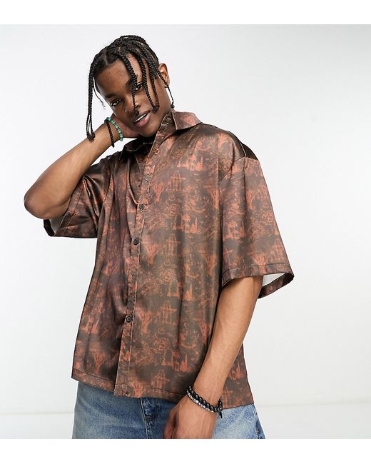 Collusion short sleeve satin shirt in brown and print