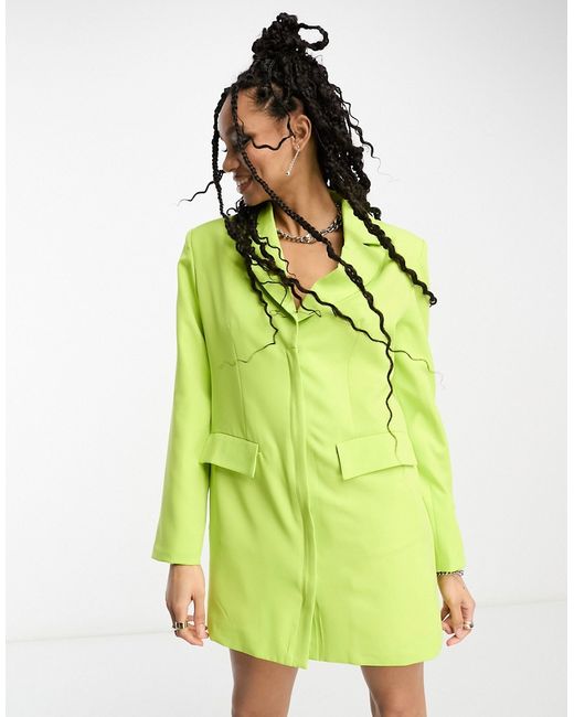 Extro & Vert Premium boxy blazer dress in chartreuse with button details-
