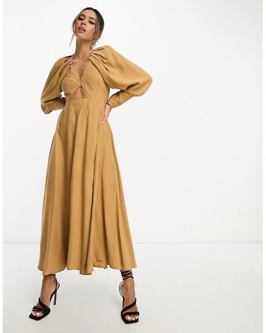 ASOS Edition pleat shoulder midi dress with cut out back in camel-
