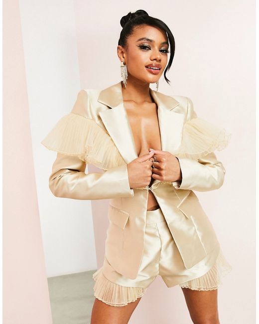ASOS Luxe suit blazer with tulle detail in oyster-
