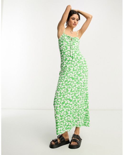 Asos Design strappy ruched bust midi dress in green and white floral-