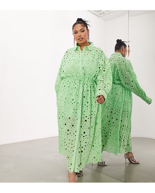 ASOS Edition Curve broderie drawstring long sleeve midi shirt dress in bright