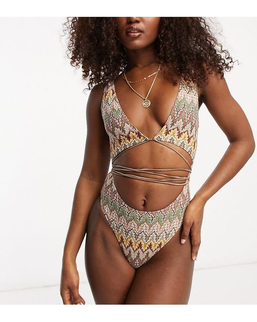 South Beach Exclusive cut out wrap around embroidered swimsuit in print