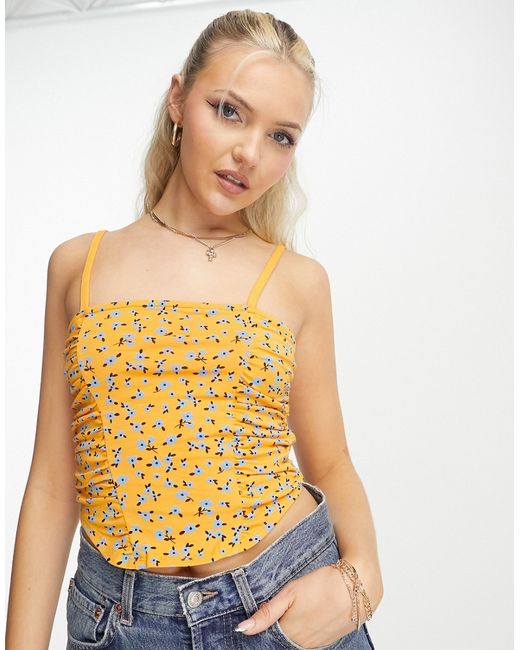 Asos Design cami top with ruched panels in orange floral ditsy print-