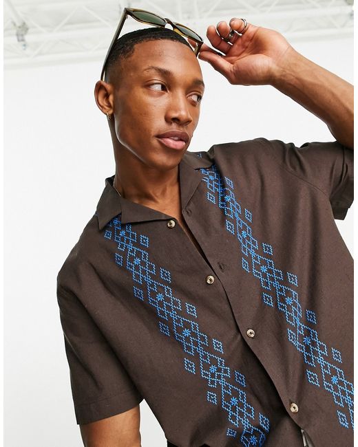 Asos Design relaxed camp collar linen mix shirt in with embroidered border