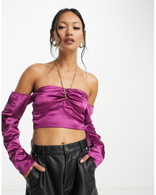 Asos Design crop top with cold shoulder chain detail in satin