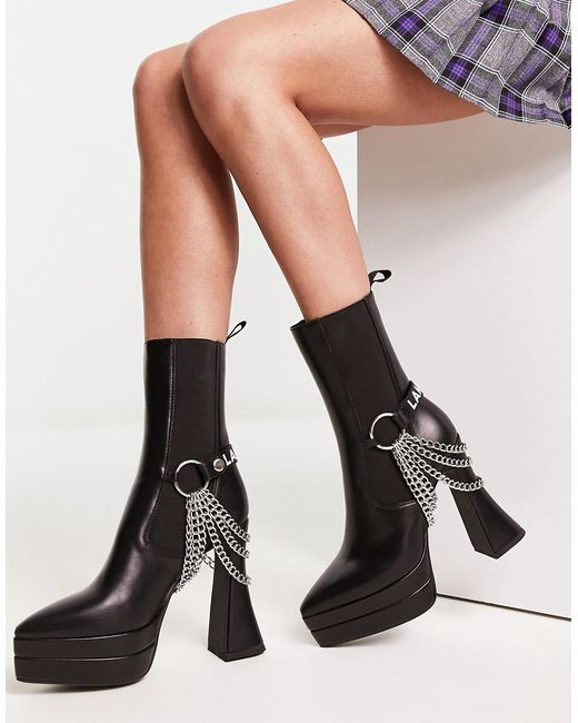 Lamoda Crown heeled platform boots with chain detail in