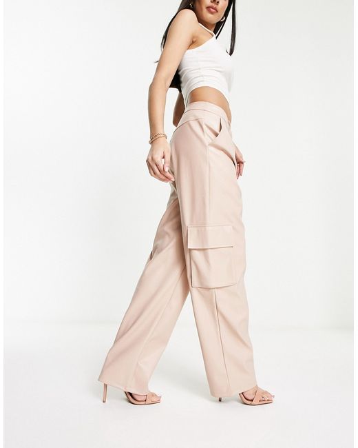 Miss Selfridge faux leather wide leg cargo pants in taupe-