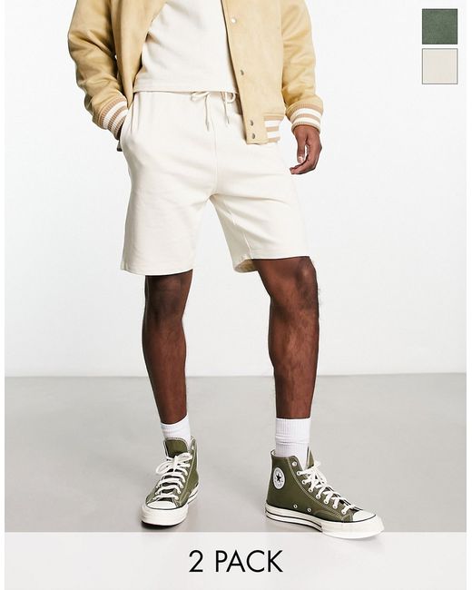 Asos Design slim jersey shorts in green/beige 2 pack-