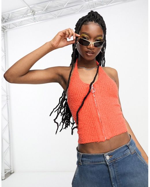 Asos Design knitted halter top with zip neck detail in textured yarn
