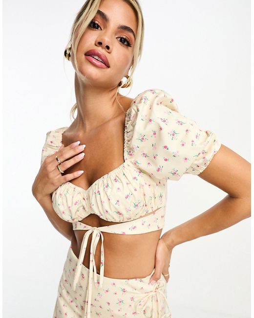 The Frolic puff sleeve milkmaid crop top with strap detail in vintage floral part of a set-