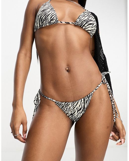 Bershka tie side bikini bottoms in zebra print-