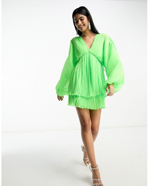 Asos Design Premium micro pleated batwing trapeze mini dress in neon