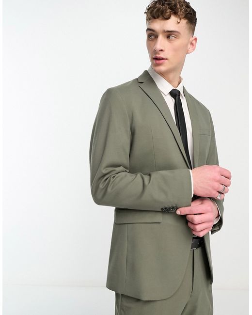 New Look single breasted slim suit jacket in dark khaki-