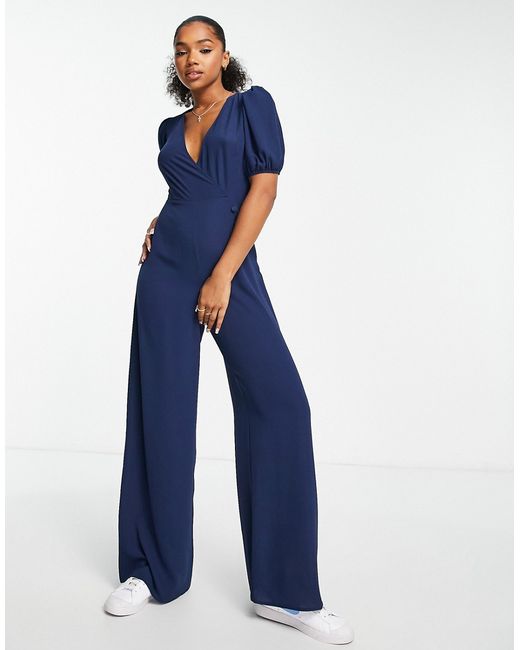 Asos Design bubble crepe v neck puff sleeve jumpsuit in