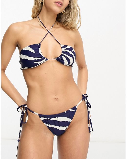4th & Reckless neena tie neck bikini top in navy zebra print-