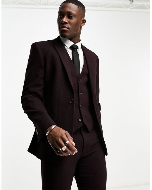 Asos Design skinny wool mix suit jacket in herringbone burgundy-