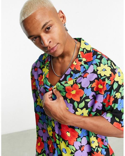 Asos Design oversized revere longline bowling shirt in bright floral print-