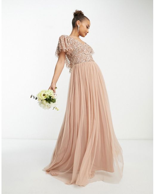 Beauut Bridesmaid emellished bodice maxi dress with flutter sleeve in taupe-