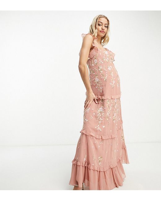 ASOS Maternity DESIGN Maternity Bridesmaid cami embellished maxi dress with embroidery in rose-
