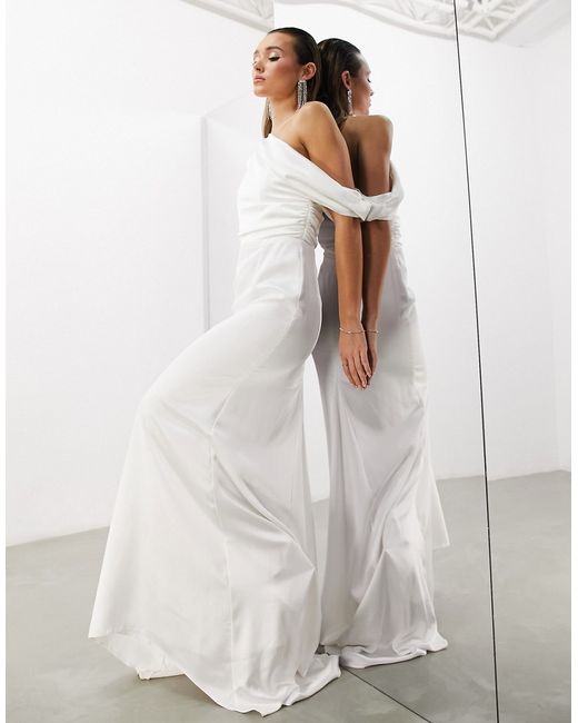 ASOS Edition Larisa satin draped shoulder bodice wedding dress with fishtail in ivory-