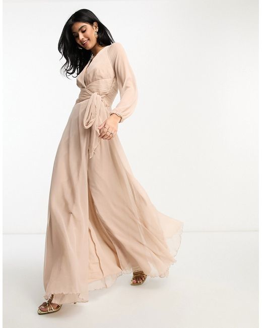 Asos Design Bridesmaid long sleeve ruched maxi dress with wrap skirt in blush-