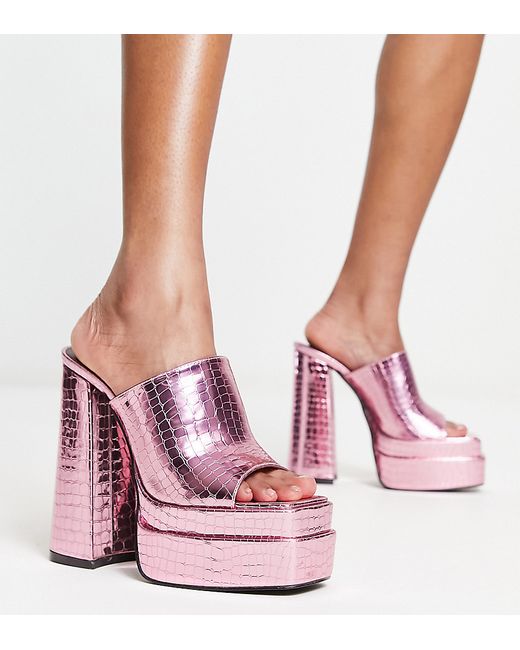 Daisy Street Exclusive platform mule sandals in croc metallic