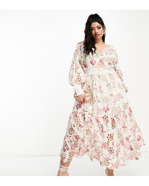 ASOS Edition Curve eyelet twist front midi dress with puff sleeve in floral print-