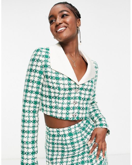 Miss Selfridge contrast collar check boucle blazer in part of a set