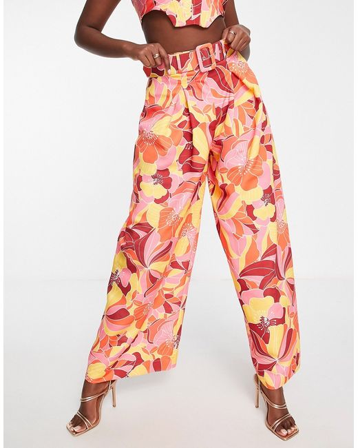 ASOS Luxe wide leg belted pleated pants in bright floral print part of a set-