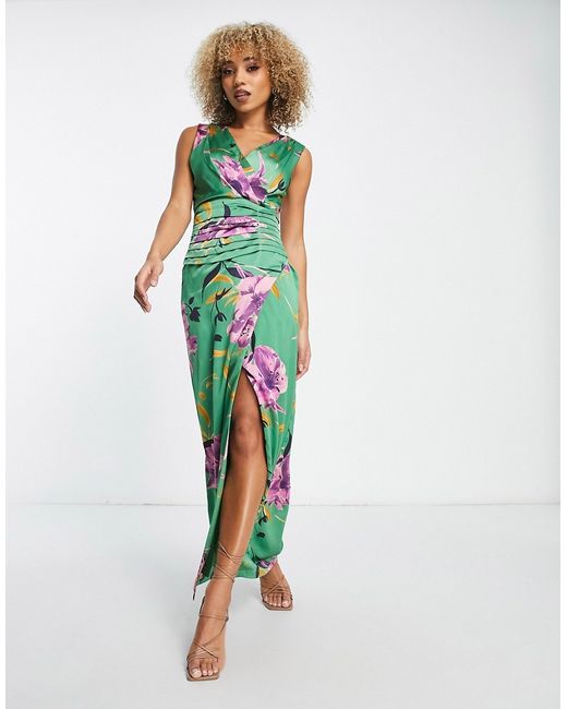 Liquorish satin wrap front maxi dress in overscale green and purple floral-