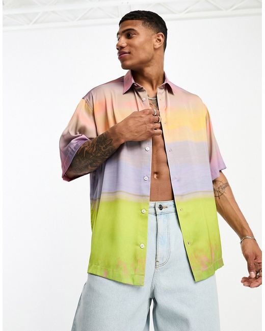 Asos Design boxy oversized satin shirt in pastel scenic print-