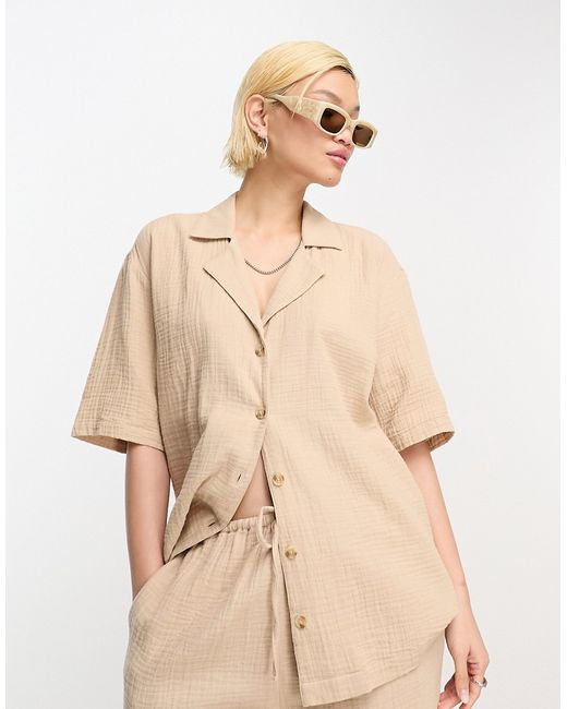 Asos Design cheesecloth bowling shirt in stone part of a set-