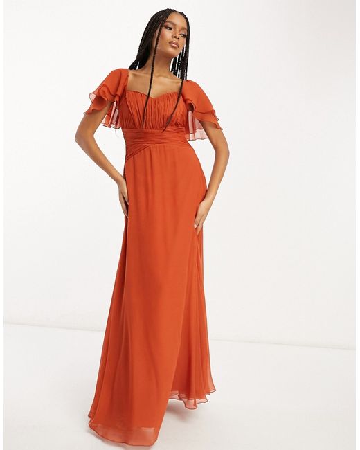 Asos Design Bridesmaid short sleeve ruched maxi dress in rust-